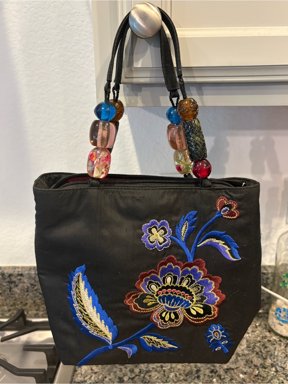 Sharif Accents by Sharif Black Embroidered Floral Beaded-Handle Bag